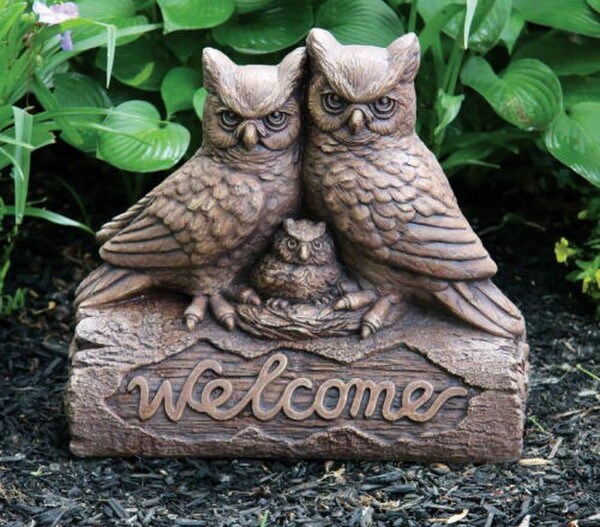 Welcome Owls Garden Sculpture Owlet Cement Statue Outdoor Figurine